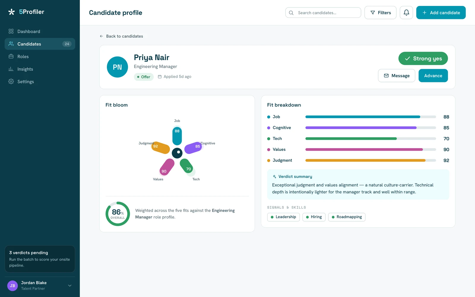 A candidate profile in 5Profiler: the five-petal Fit bloom with per-fit scores, fit breakdown bars, verdict summary and an overall role-fit of 86%